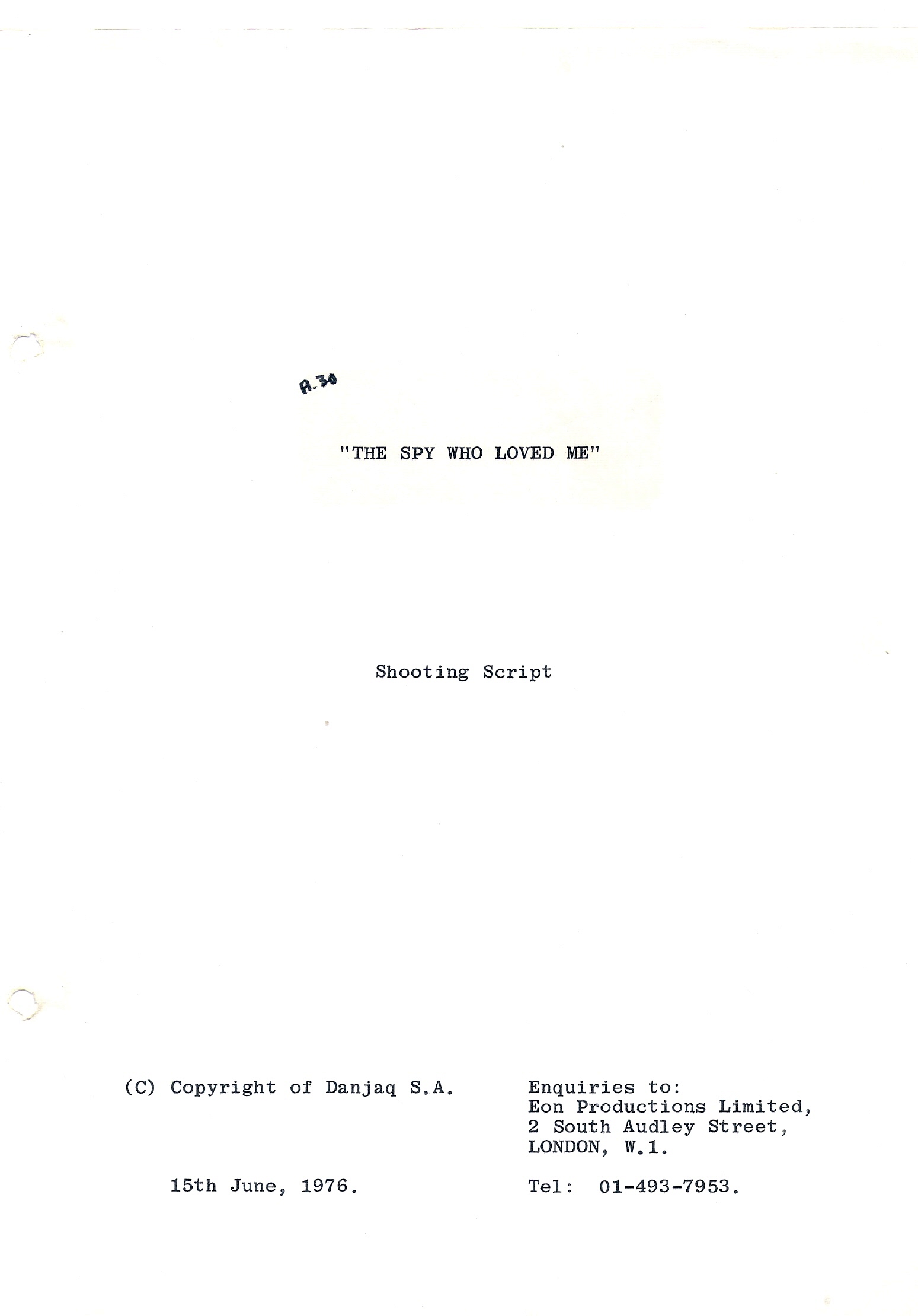 Original screenplay, 145 pages Shooting script