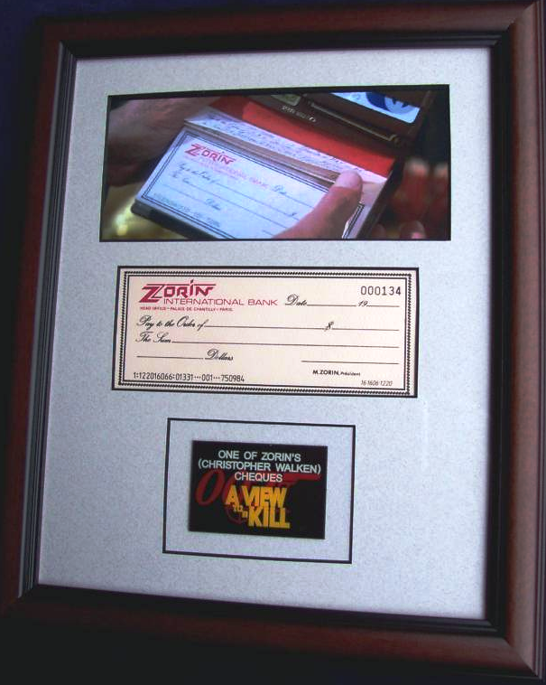 Framed Zorin Cheque Display Used on screen