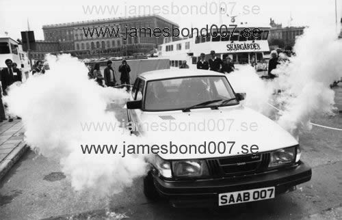 SAAB car outside the Royal Castle in Stockholm Black and white