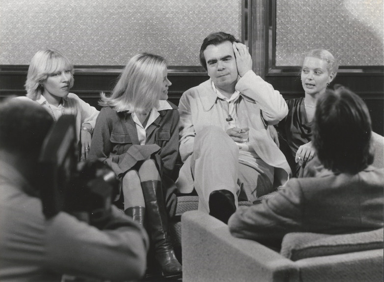 Beatrice Libert, Anne Lönnberg, Michael Lonsdale and Blanche Ravalec during a press conference for Moonraker in Brussels 1979
