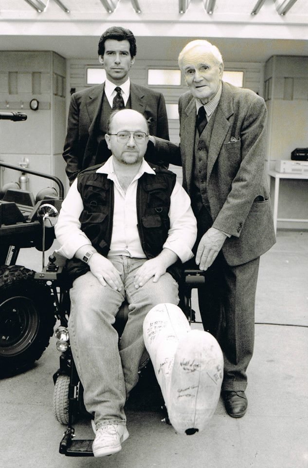 Nick Finlayson with Pierce Brosnan and Desmond Llewelyn during the filming of GoldenEye