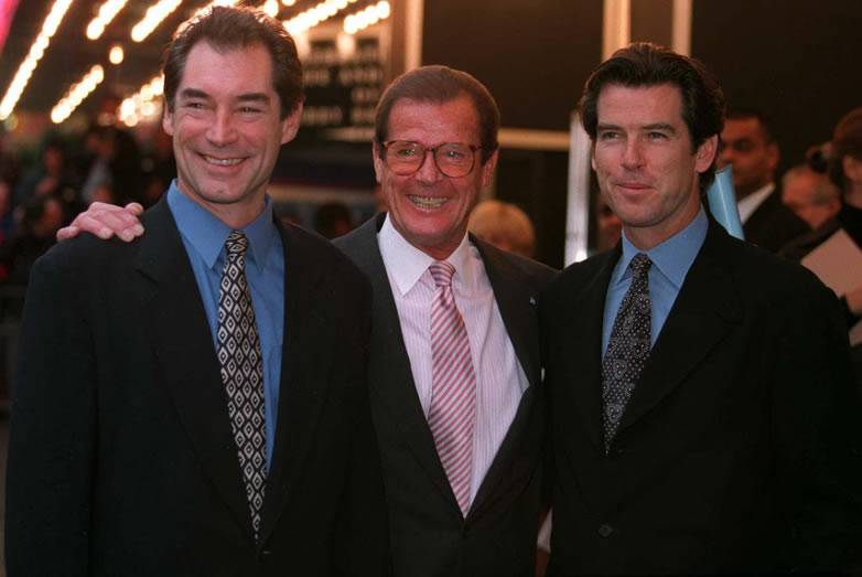 Timothy Dalton and Pierce Brosnan with Roger Moore in London 1996