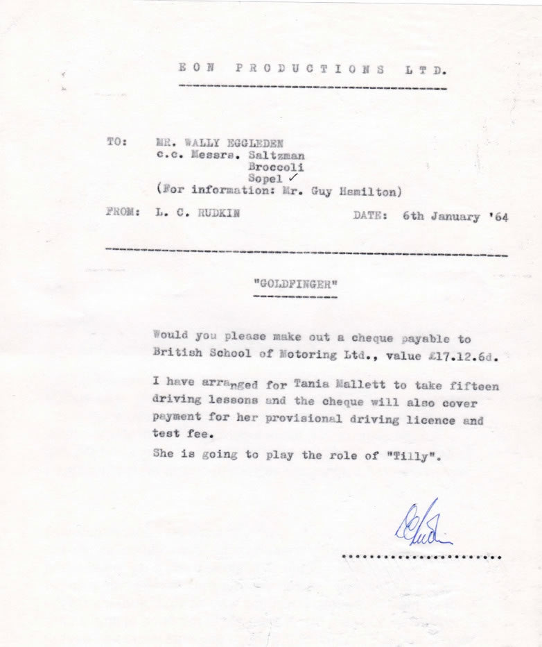 Goldfinger production memo requesting driving lessons for Tania Mallet