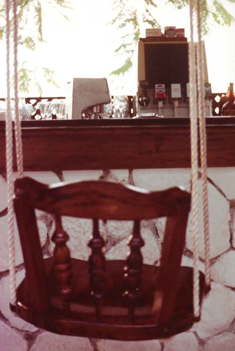 Almond Tree, Hibiscus Room, swinging bar seat, Jamaica, 1989