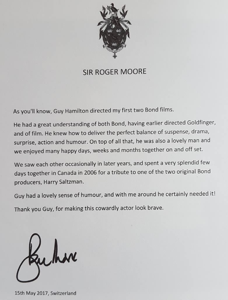 Sir Roger Moore letter about Guy Hamilton