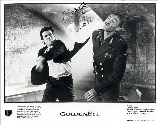 Gottfried John, pictured with Pierce Brosnan 10x8 inch, black and white