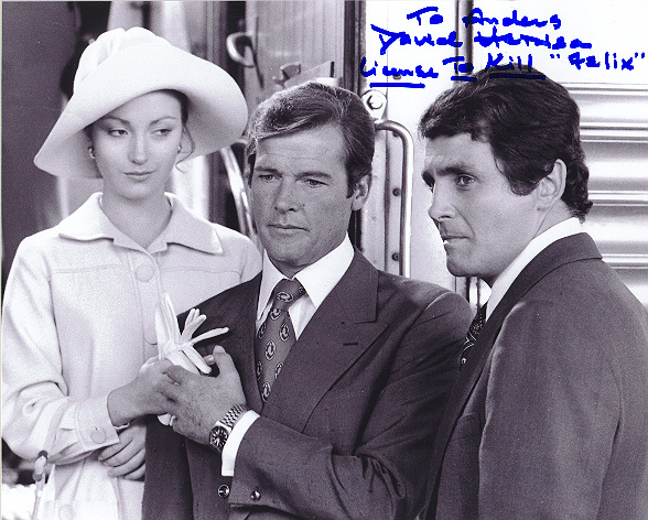 David Hedison, pictured with Jane Seymour and Sir Roger Moore 10x8, black and white