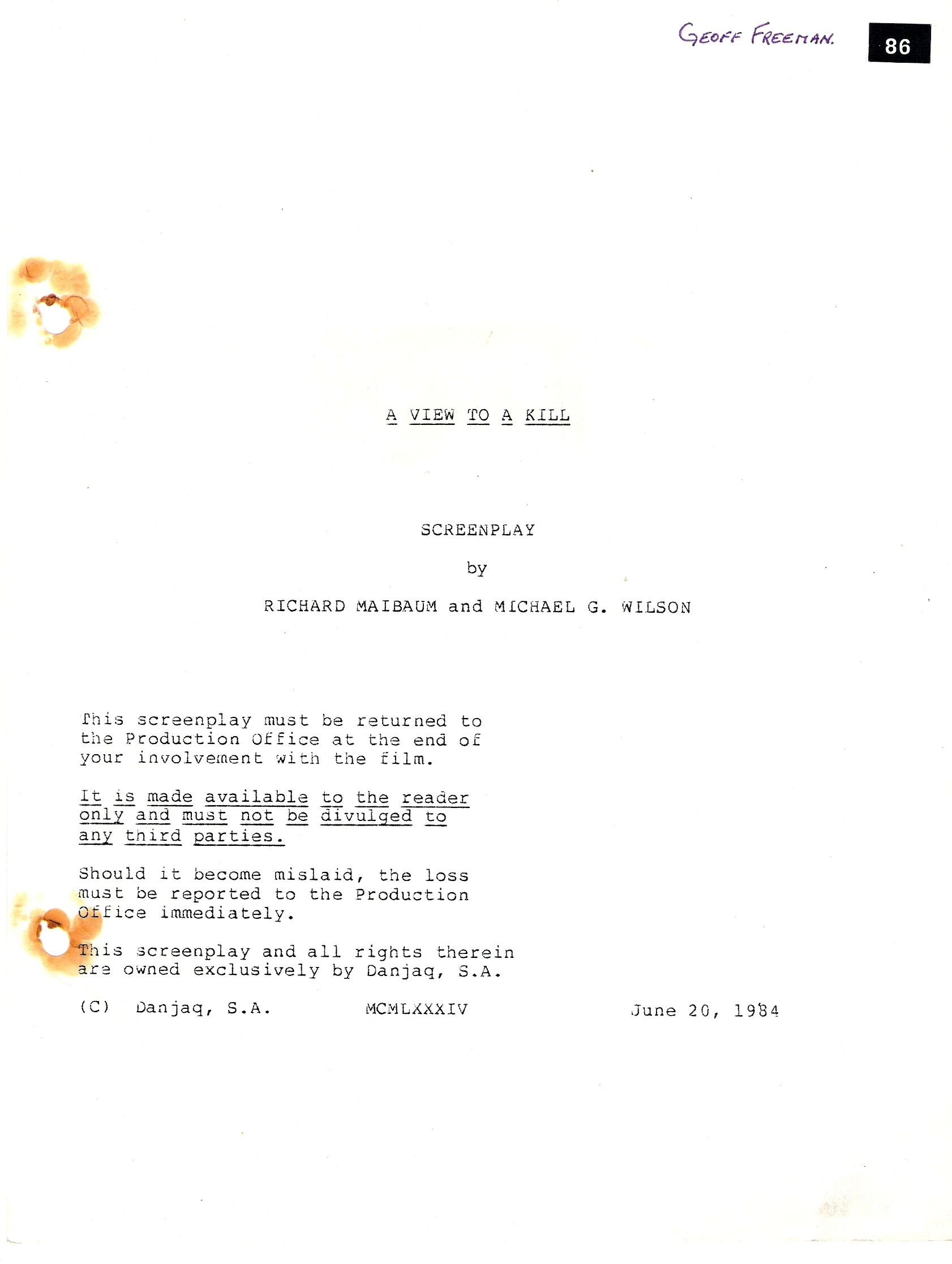 Original screenplay, 150 sidor 