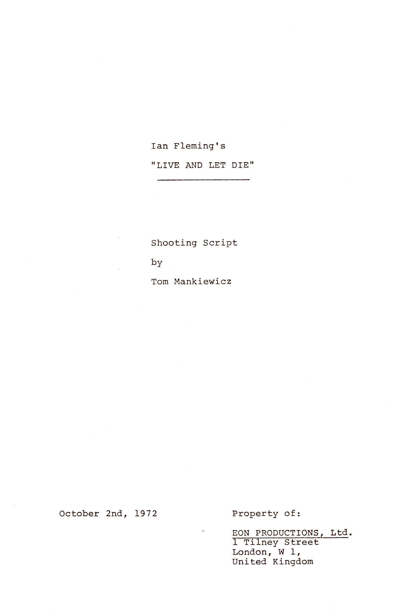Original screenplay, 120 pages Shooting script