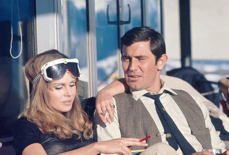 Joanna Lumley and George Lazenby during the filming of On Her Majesty's Secret Service in Switzerland